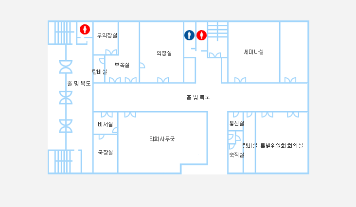 1f | 탕비실1 / 부의장실 / 부속실 / 의장실 / 세미나실 / 특별위원회 회의실 / 탕비실2 / 숙직실 / 통신실 / 의정자료실 / 의회사무국 / 국장실 / 비서실이 위치하고 있습니다.