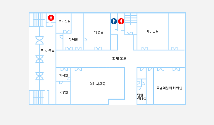 1f | 부의장실 / 부속실 / 의장실 / 세미나실 / 특별위원회 회의실 / 민원안내실 / 의정자료실 / 의회사무국 / 국장실 / 비서실이 위치하고 있습니다.
